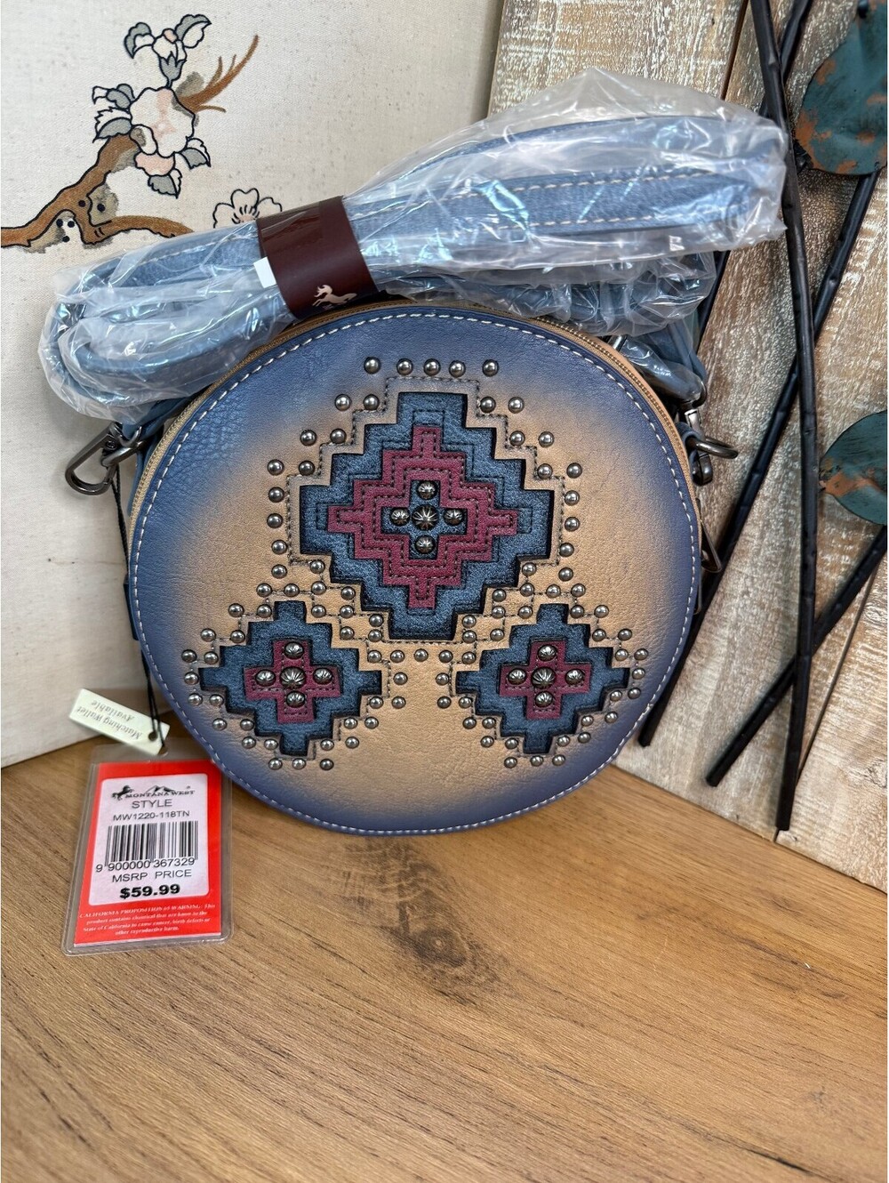Montana West Round Crossbody Bag Blue Tan Aztec Studded NWT